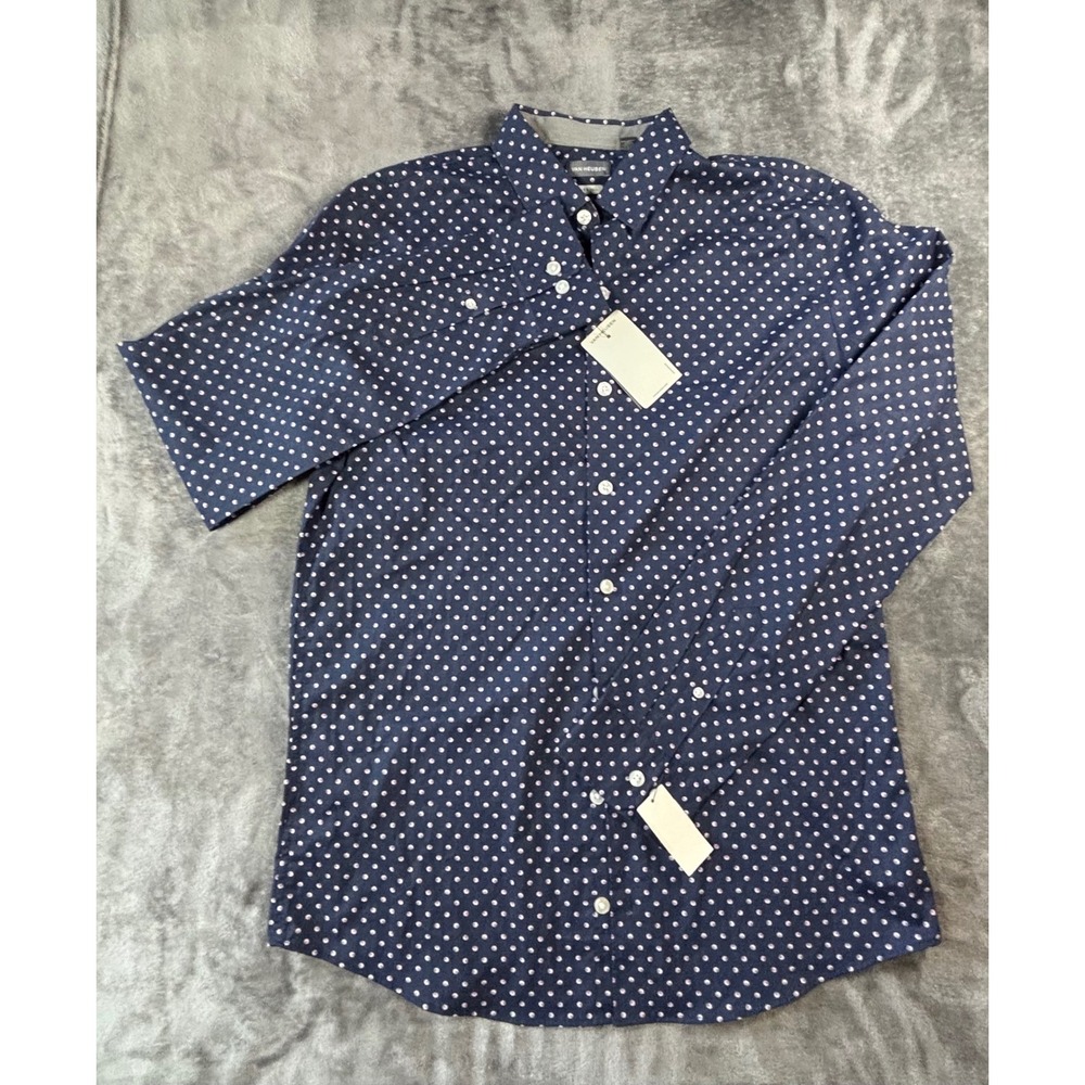 Van Heusen Big & Tall Navy Purple Polka Dot Stain Shield Shirt LT 16-16.5 NEW